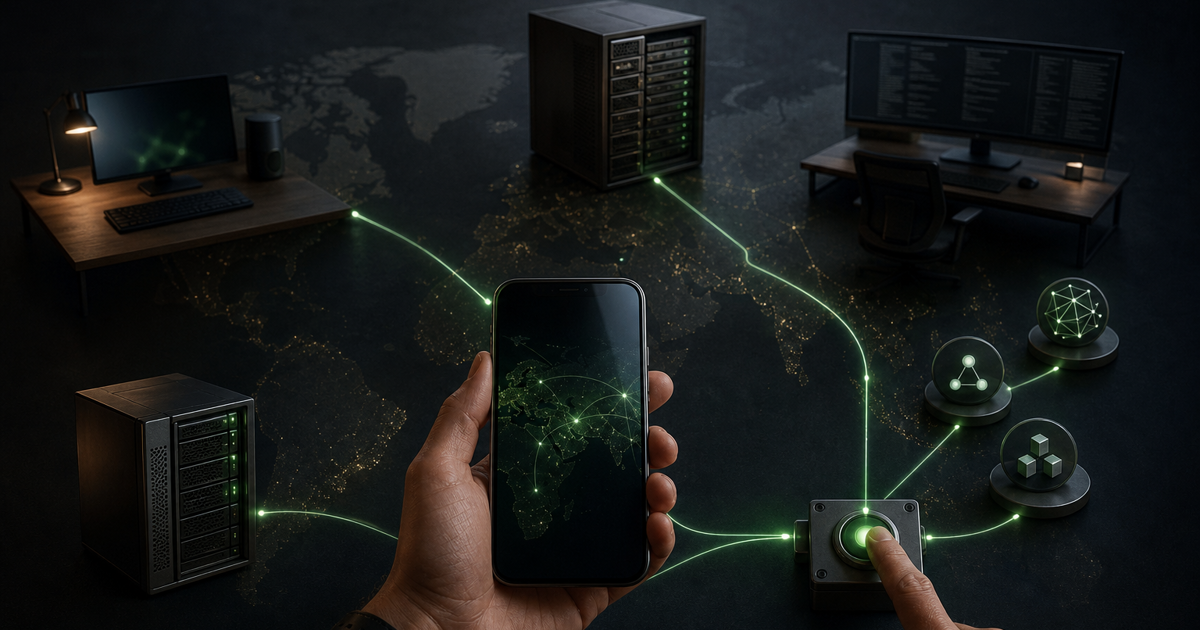 Un teléfono conectado con computadora, servidor, agentes y controles humanos